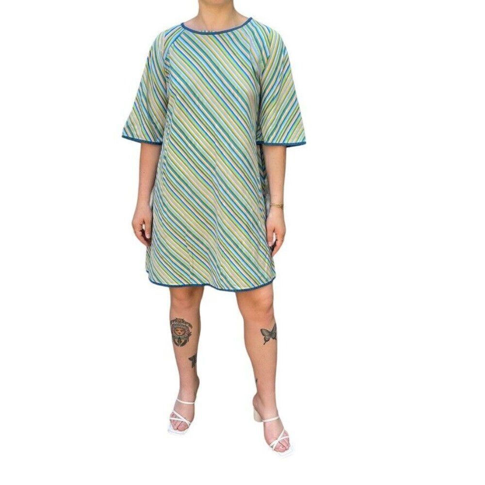 Vintage 1960s Womens Rainbow Striped Geometric Mid Mod Retro Mini Dress Sz M